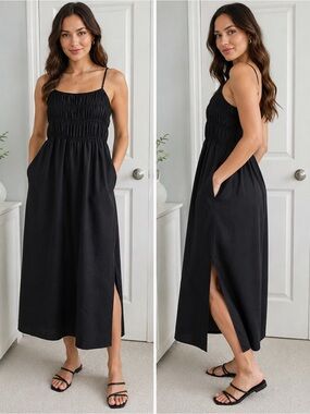 GAP Black Smocked Midi Dress with Side Slit